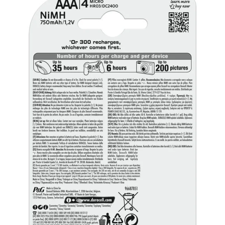 AAA, Uppladdningsbara Duracell Batterier Plus 750mAh. 4 st