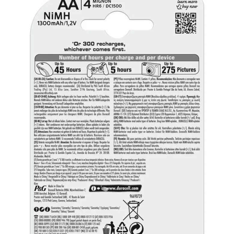 AA, Uppladdningsbara Duracell Batterier Plus 1300mAh. 4 st