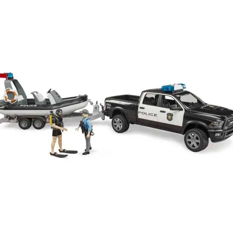 Bruder Polisbil RAM 2500 med båtkärra och figurer 02507