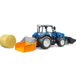 Bruder Traktor New Holland T5.120 med frontlastare, transportlåda, pallgafflar och 1 rundbal