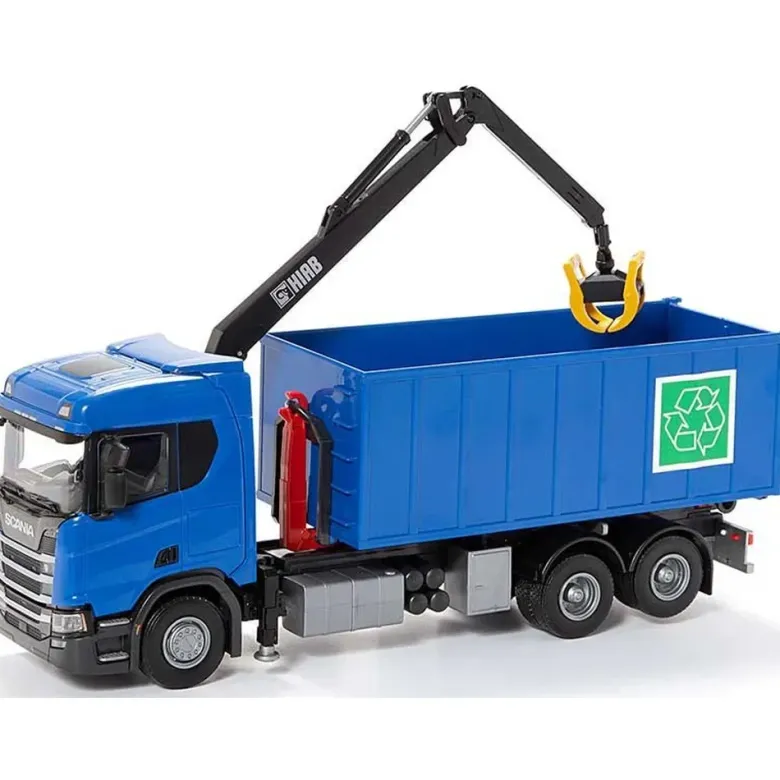 Emek Scania Recycle lastväxlare med kran och blå hytt