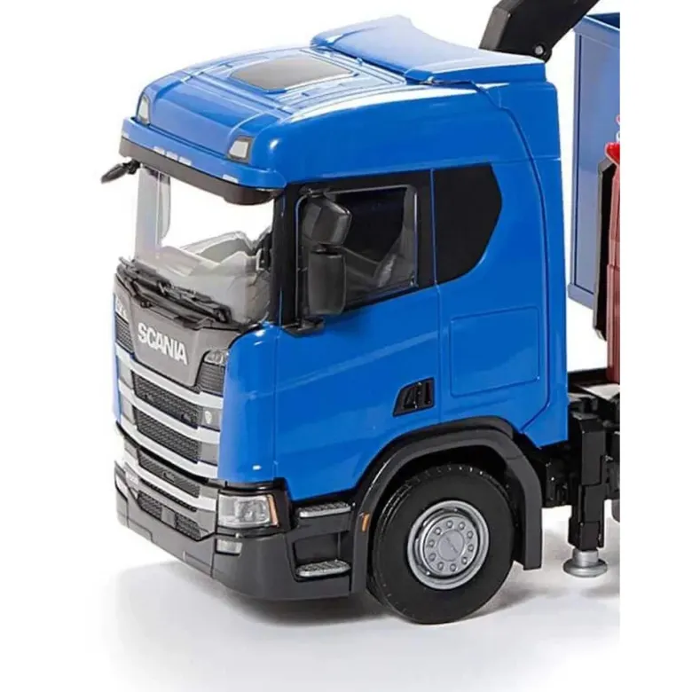 Emek Scania Recycle lastväxlare med kran och blå hytt