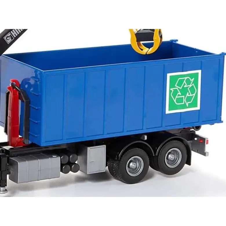 Emek Scania Recycle lastväxlare med kran och blå hytt