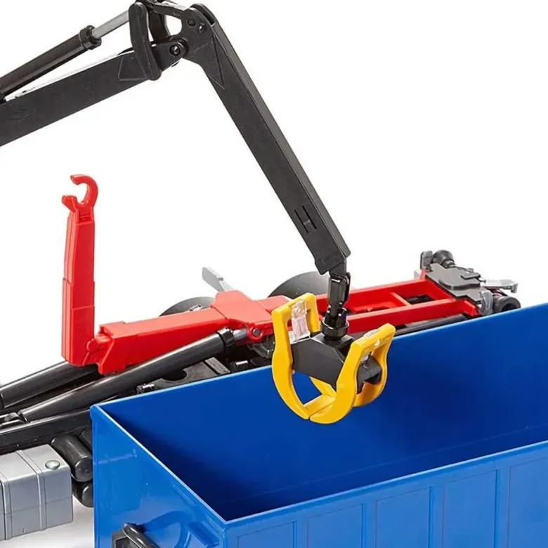 Emek Scania Recycle lastväxlare med kran och blå hytt
