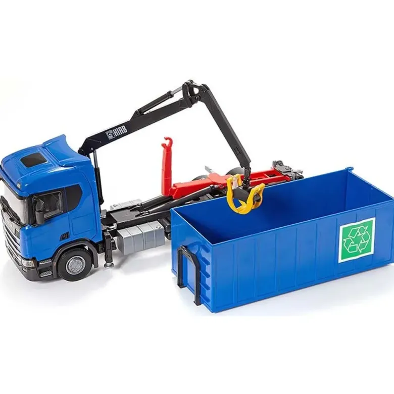 Emek Scania Recycle lastväxlare med kran och blå hytt