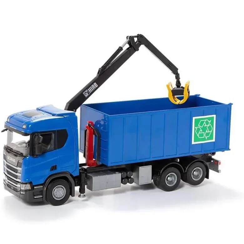 Emek Scania Recycle lastväxlare med kran och blå hytt