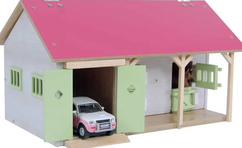 Häststall 2 st. stallboxar och garage rosa leksak Kids Globe 1:32