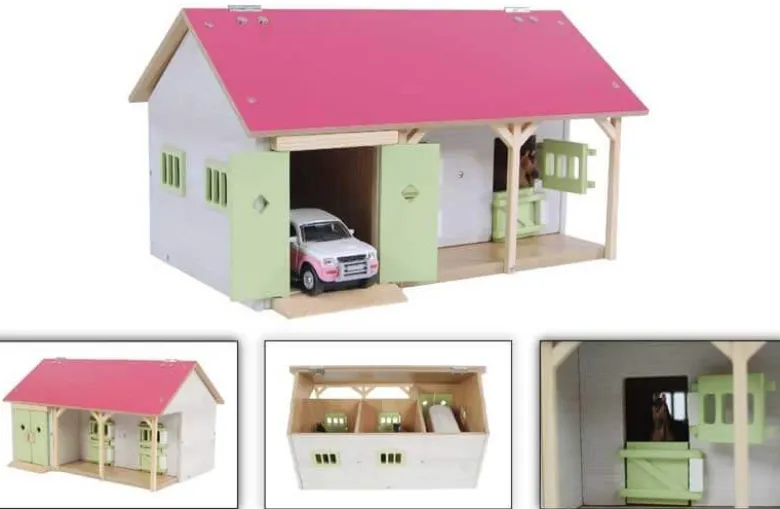 Häststall 2 st. stallboxar och garage rosa leksak Kids Globe 1:32