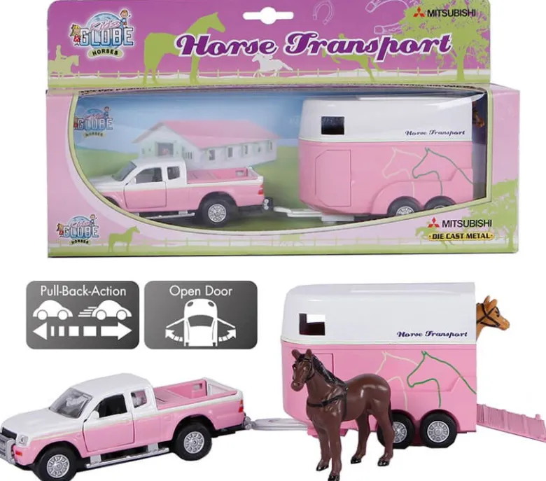 Leksaksbil rosa med hästsläp 2 st hästar Mitsubishi Kids Globe