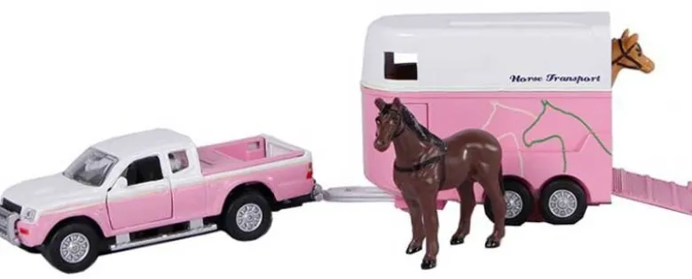 Leksaksbil rosa med hästsläp 2 st hästar Mitsubishi Kids Globe