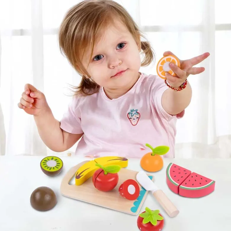 Leksaksmat delbara frukter med skärbräda och träkniv Tooky Toy