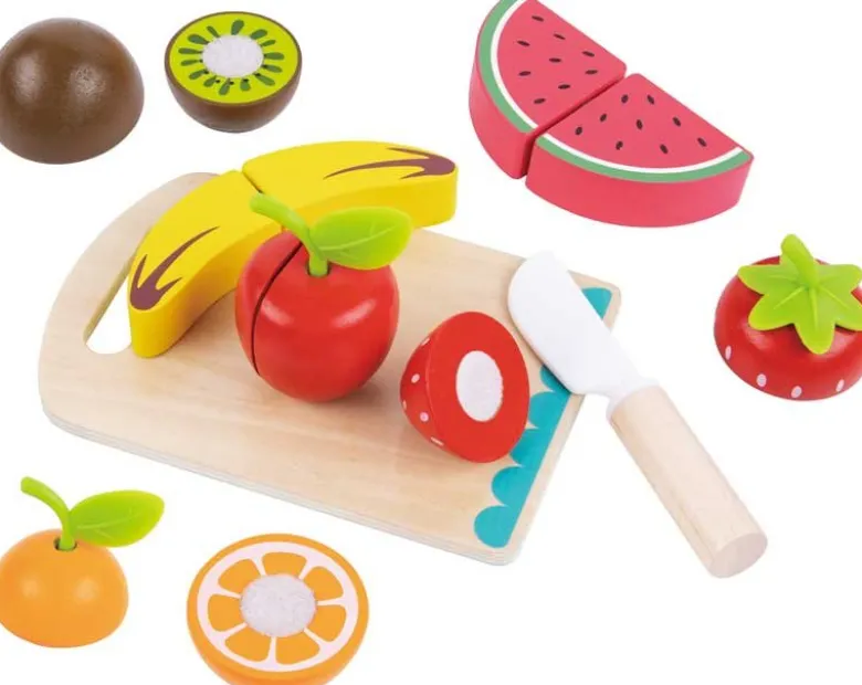 Leksaksmat delbara frukter med skärbräda och träkniv Tooky Toy