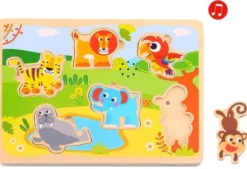 Ljud Barnpussel träpussel med figursågade vilda djur Tooky Toy